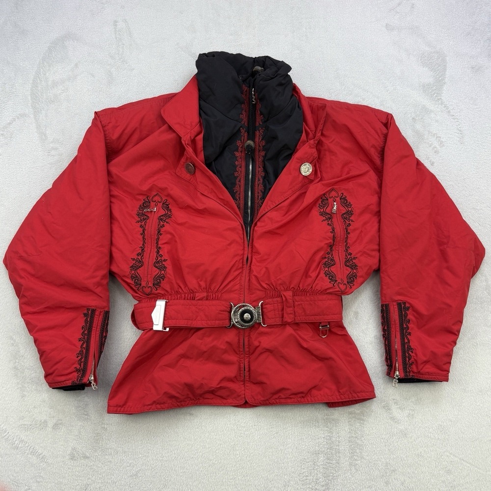 Vintage Bogner Jacket Womens 10 Red Ski Coat Buckle Belt Cinched Heart Snow Zip